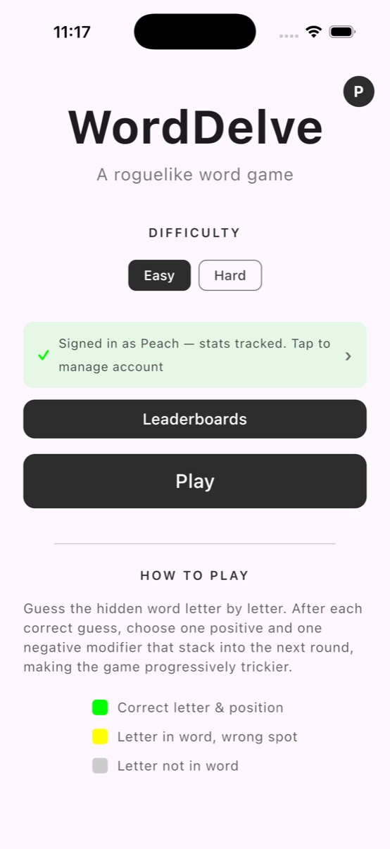 WordDelve home screen